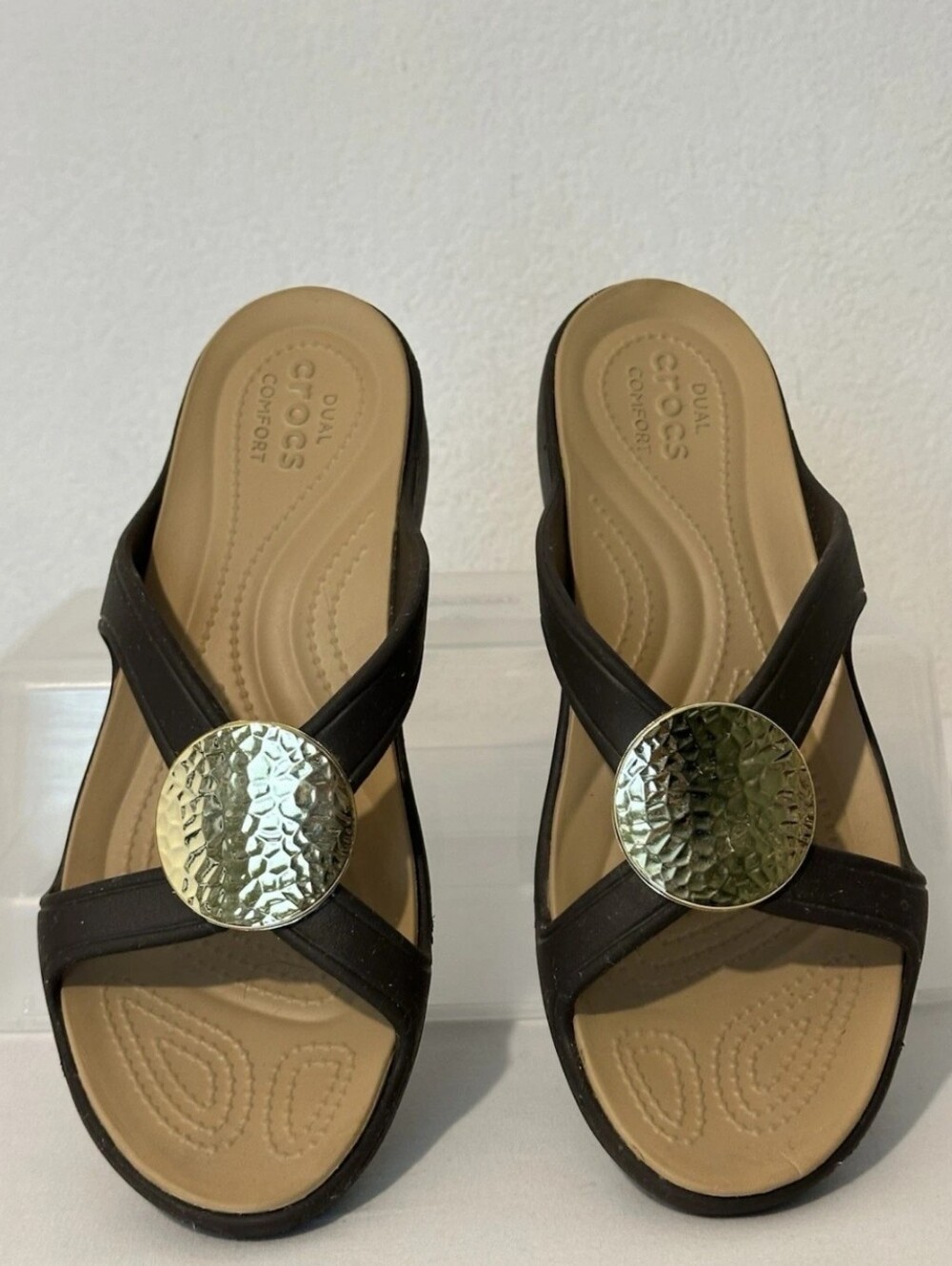 CROCS Dual Brown with Gold Medallion Sandals